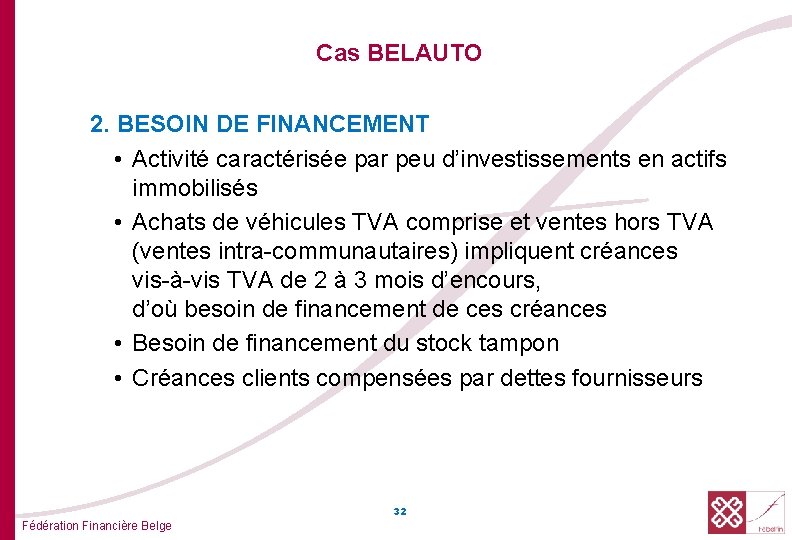 Cas BELAUTO 2. BESOIN DE FINANCEMENT • Activité caractérisée par peu d’investissements en actifs