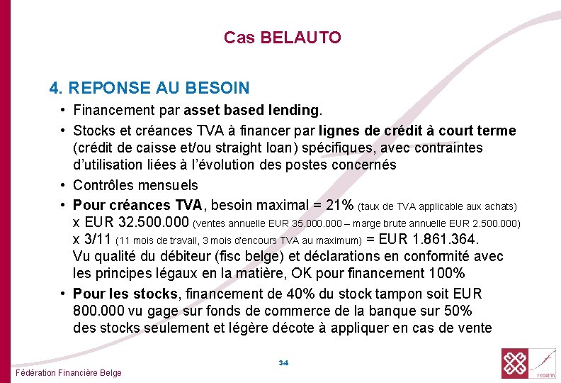 Cas BELAUTO 4. REPONSE AU BESOIN • Financement par asset based lending. • Stocks