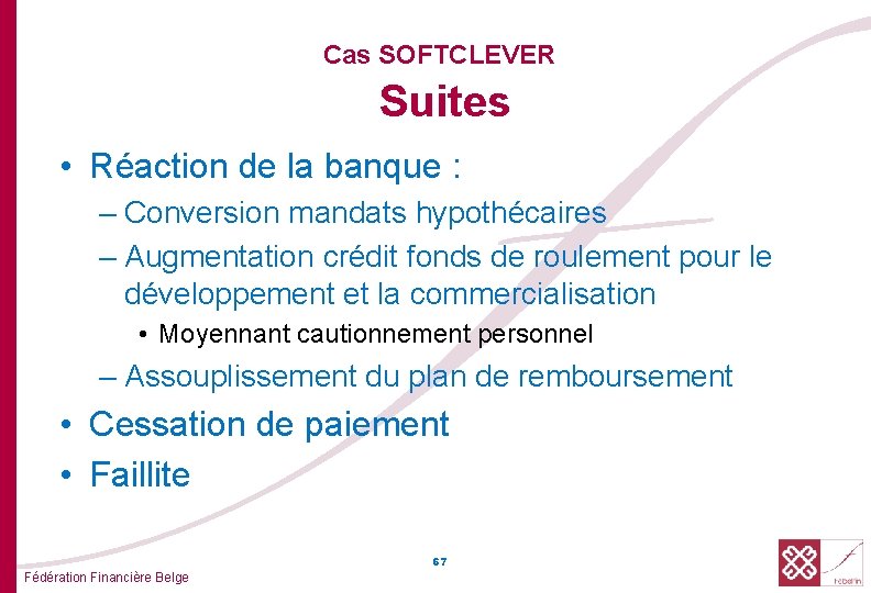 Cas SOFTCLEVER Suites • Réaction de la banque : – Conversion mandats hypothécaires –