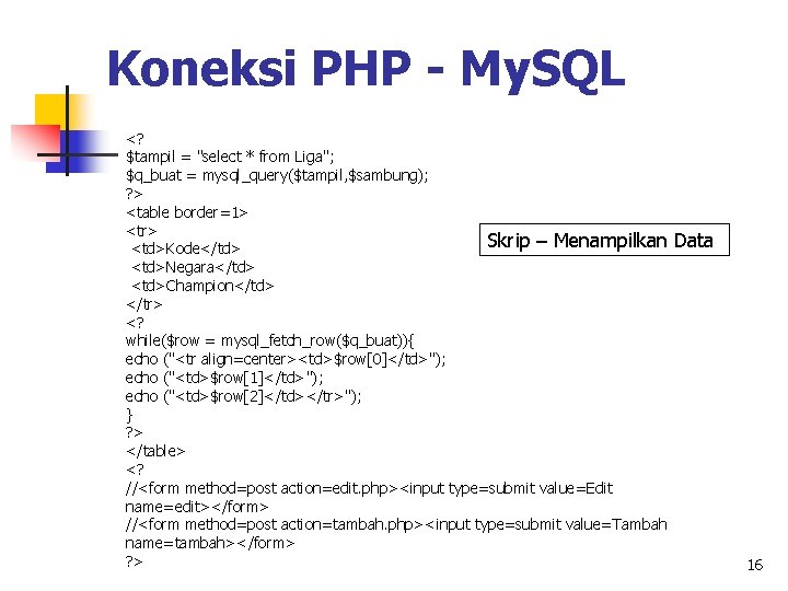Koneksi PHP - My. SQL <? $tampil = "select * from Liga"; $q_buat =