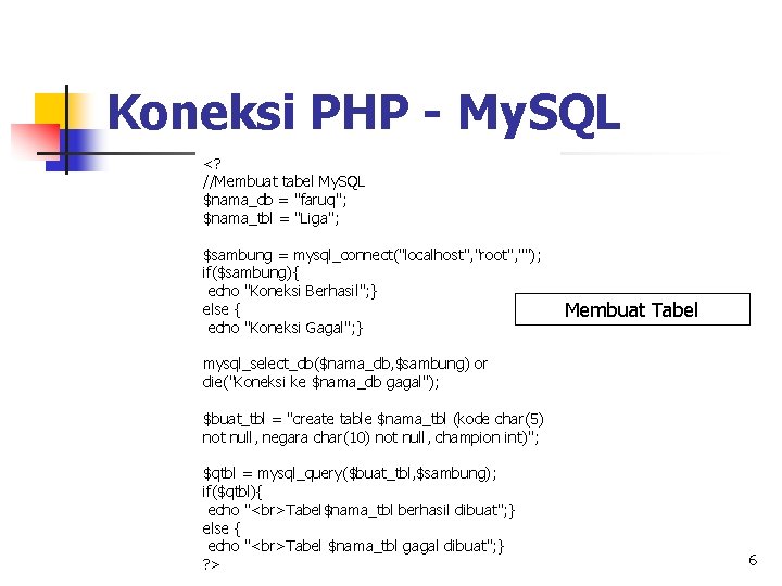 Koneksi PHP - My. SQL <? //Membuat tabel My. SQL $nama_db = "faruq"; $nama_tbl