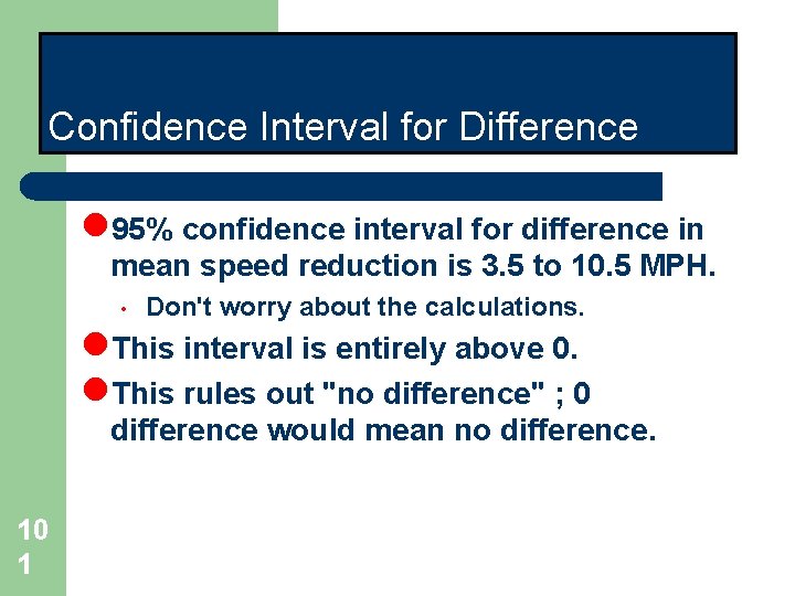 Confidence Interval for Difference l 95% confidence interval for difference in mean speed reduction Confidence Interval for Difference l 95% confidence interval for difference in mean speed reduction