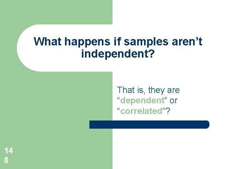 What happens if samples aren’t independent? That is, they are “dependent” or “correlated”? 14 What happens if samples aren’t independent? That is, they are “dependent” or “correlated”? 14
