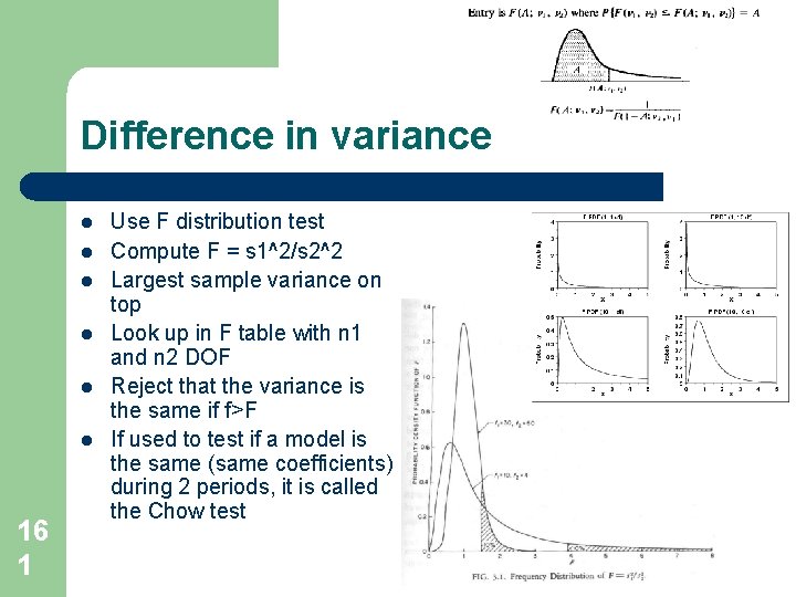 Difference in variance l l l 16 1 Use F distribution test Compute F Difference in variance l l l 16 1 Use F distribution test Compute F