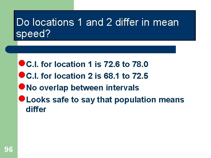 Do locations 1 and 2 differ in mean speed? l. C. I. for location Do locations 1 and 2 differ in mean speed? l. C. I. for location