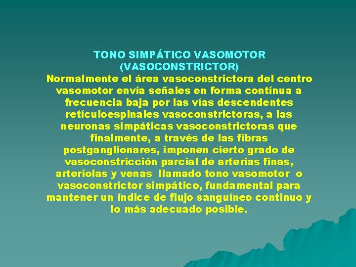 TONO SIMPÁTICO VASOMOTOR (VASOCONSTRICTOR) Normalmente el área vasoconstrictora del centro vasomotor envía señales en TONO SIMPÁTICO VASOMOTOR (VASOCONSTRICTOR) Normalmente el área vasoconstrictora del centro vasomotor envía señales en