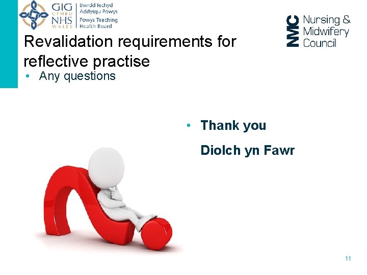 Revalidation requirements for reflective practise • Any questions • Thank you • Diolch yn