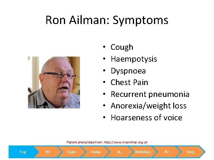 Ron Ailman: Symptoms • • Cough Haempotysis Dyspnoea Chest Pain Recurrent pneumonia Anorexia/weight loss