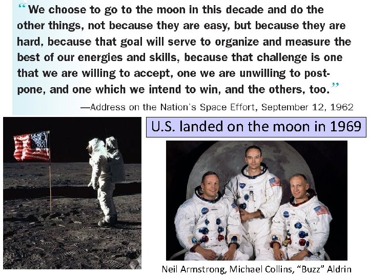 U. S. landed on the moon in 1969 Neil Armstrong, Michael Collins, “Buzz” Aldrin