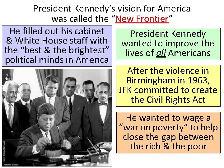 President Kennedy’s vision for America was called the “New Frontier” He filled out his