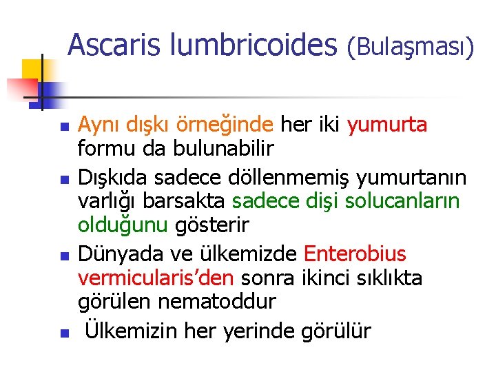 Ascaris lumbricoides (Bulaşması) n n Aynı dışkı örneğinde her iki yumurta formu da bulunabilir