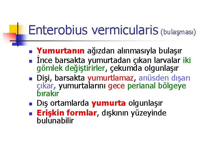 Enterobius vermicularis (bulaşması) n n n Yumurtanın ağızdan alınmasıyla bulaşır İnce barsakta yumurtadan çıkan