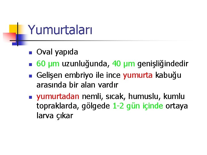 Yumurtaları n n Oval yapıda 60 µm uzunluğunda, 40 µm genişliğindedir Gelişen embriyo ile