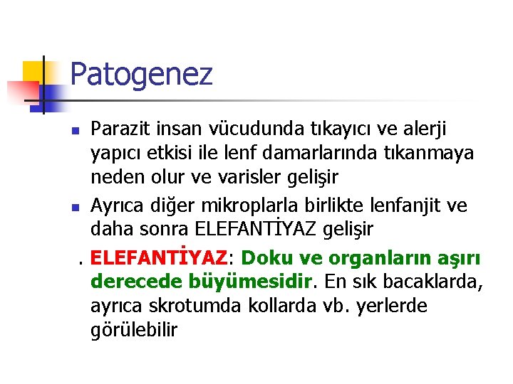 Patogenez Parazit insan vücudunda tıkayıcı ve alerji yapıcı etkisi ile lenf damarlarında tıkanmaya neden
