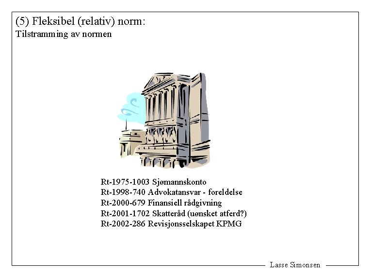 (5) Fleksibel (relativ) norm: Tilstramming av normen Rt-1975 -1003 Sjømannskonto Rt-1998 -740 Advokatansvar -