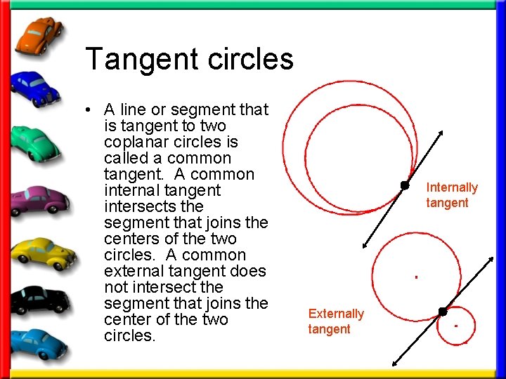 Tangent circles • A line or segment that is tangent to two coplanar circles Tangent circles • A line or segment that is tangent to two coplanar circles