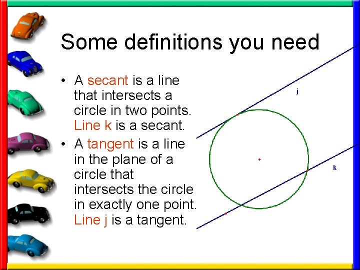 Some definitions you need • A secant is a line that intersects a circle Some definitions you need • A secant is a line that intersects a circle