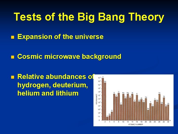 Tests of the Big Bang Theory n Expansion of the universe n Cosmic microwave