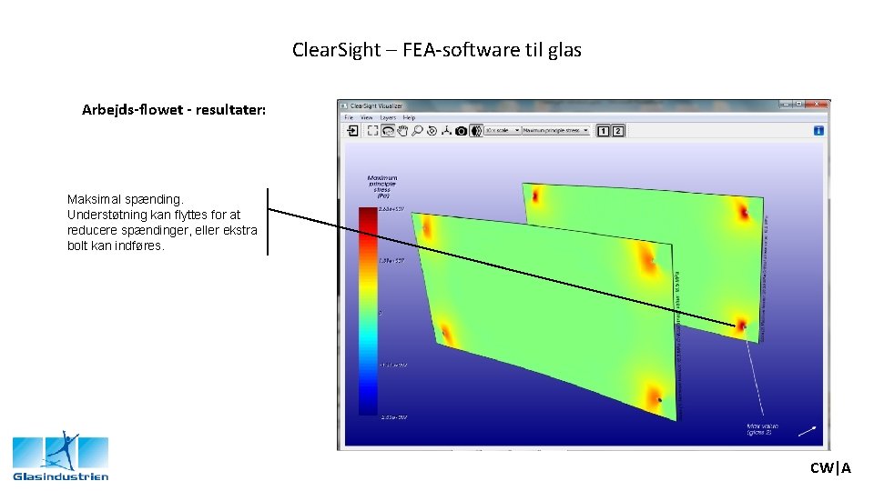 Clear. Sight – FEA-software til glas Arbejds-flowet - resultater: Maksimal spænding. Understøtning kan flyttes