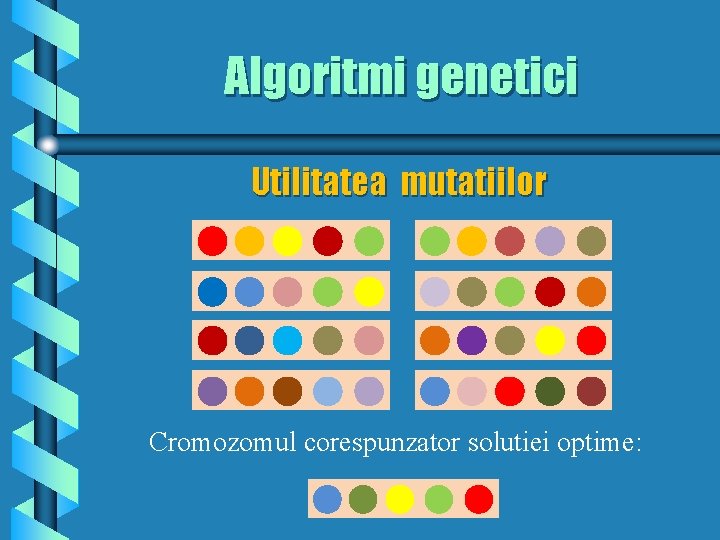 Algoritmi genetici Utilitatea mutatiilor Cromozomul corespunzator solutiei optime: 