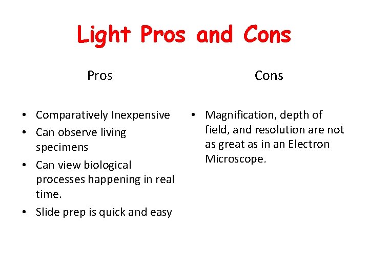 Light Pros and Cons Pros Cons • Comparatively Inexpensive • Can observe living specimens