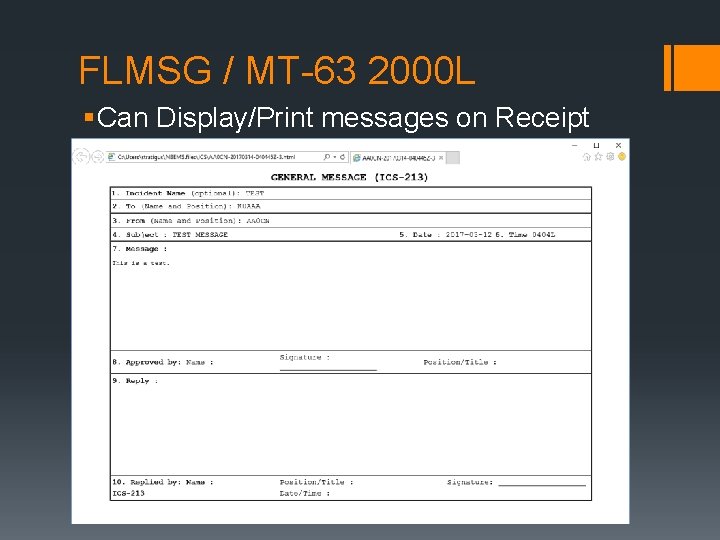 FLMSG / MT-63 2000 L § Can Display/Print messages on Receipt 