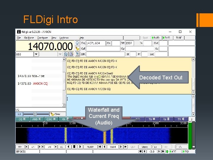 FLDigi Intro Decoded Text Out Waterfall and Current Freq (Audio) 