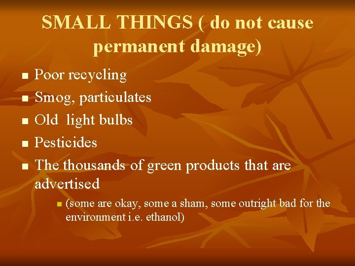 SMALL THINGS ( do not cause permanent damage) n n n Poor recycling Smog,