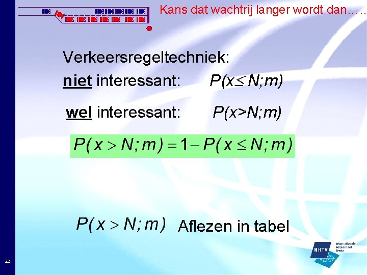 Kans dat wachtrij langer wordt dan…… Verkeersregeltechniek: niet interessant: P(x N; m) wel interessant: