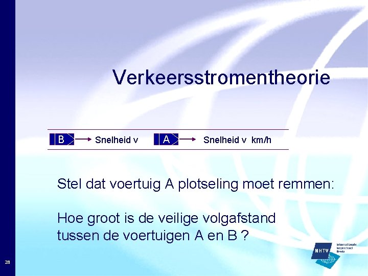Verkeersstromentheorie B Snelheid v A Snelheid v km/h Stel dat voertuig A plotseling moet