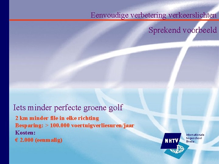 Eenvoudige verbetering verkeerslichten Sprekend voorbeeld Iets minder perfecte groene golf 2 km minder file