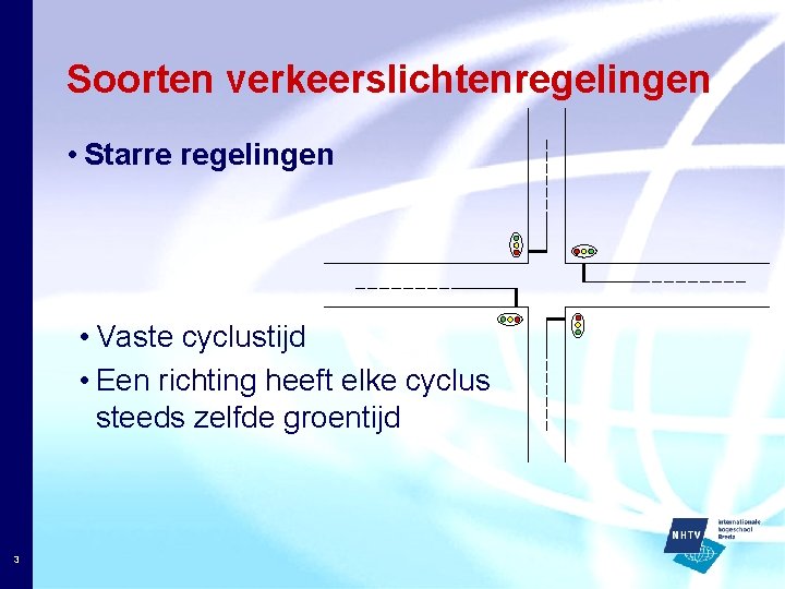 Soorten verkeerslichtenregelingen • Starre regelingen • Vaste cyclustijd • Een richting heeft elke cyclus