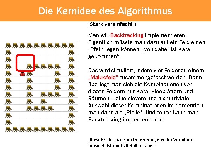 Die Kernidee des Algorithmus (Stark vereinfacht!) Man will Backtracking implementieren. Eigentlich müsste man dazu