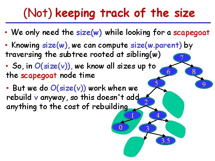 (Not) keeping track of the size • We only need the size(w) while looking