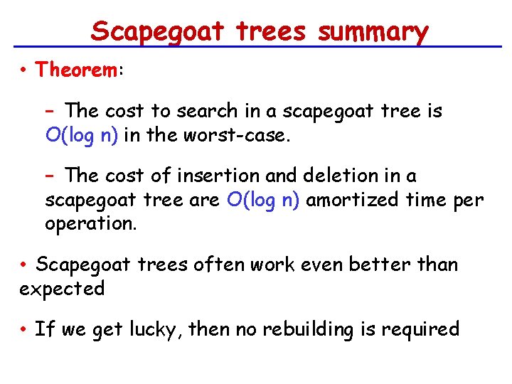 Scapegoat trees summary • Theorem: − The cost to search in a scapegoat tree