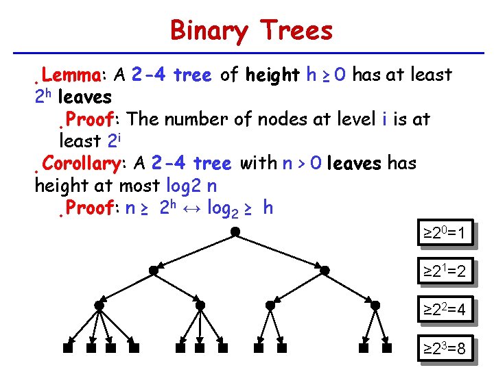 Binary Trees Lemma: A 2 -4 tree of height h ≥ 0 has at