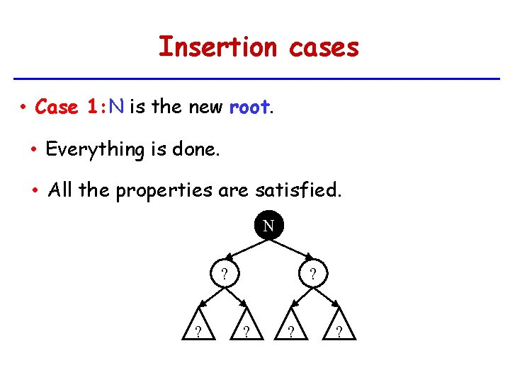 Insertion cases • Case 1: N is the new root. • Everything is done.