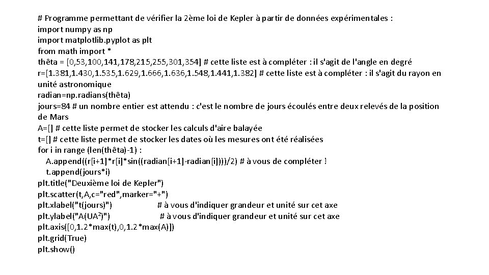 # Programme permettant de vérifier la 2ème loi de Kepler à partir de données