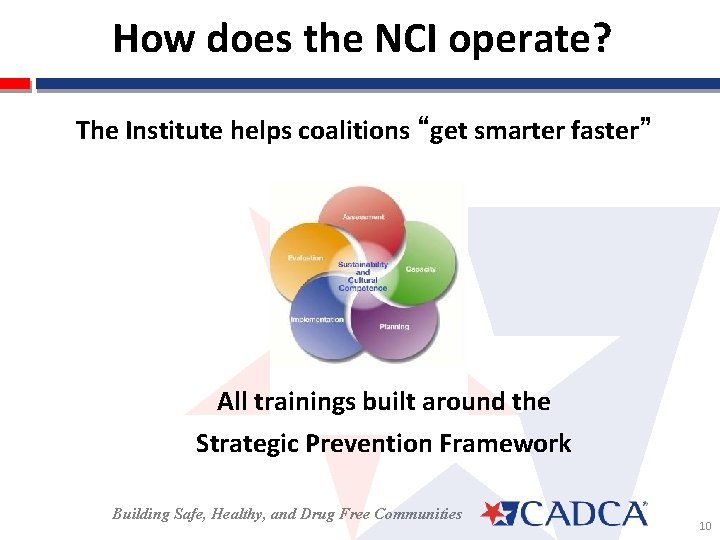 How does the NCI operate? The Institute helps coalitions “get smarter faster” All trainings