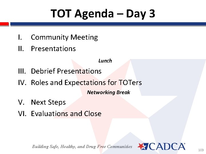 TOT Agenda – Day 3 I. Community Meeting II. Presentations Lunch III. Debrief Presentations