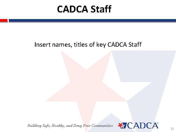 CADCA Staff Insert names, titles of key CADCA Staff Building Safe, Healthy, and Drug