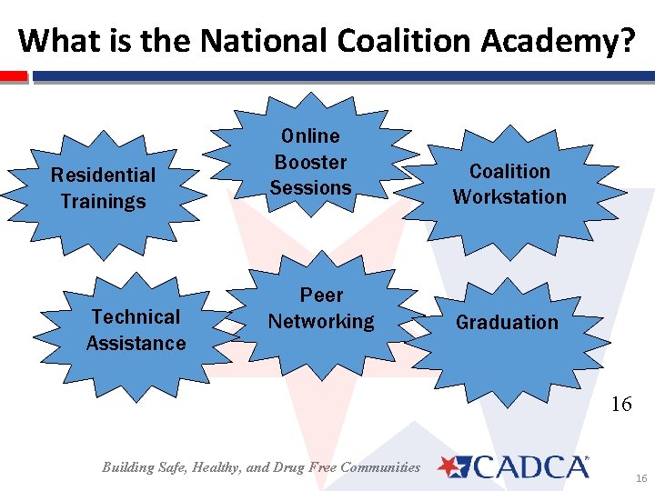 What is the National Coalition Academy? Residential Trainings Technical Assistance Online Booster Sessions Coalition
