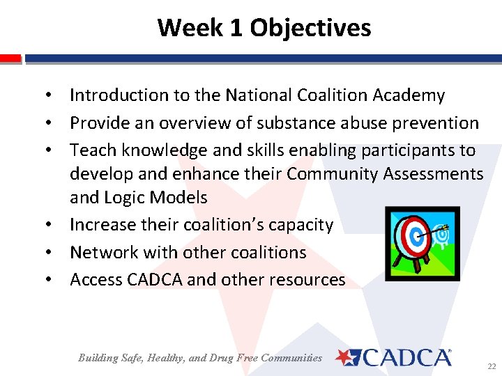 Week 1 Objectives • Introduction to the National Coalition Academy • Provide an overview