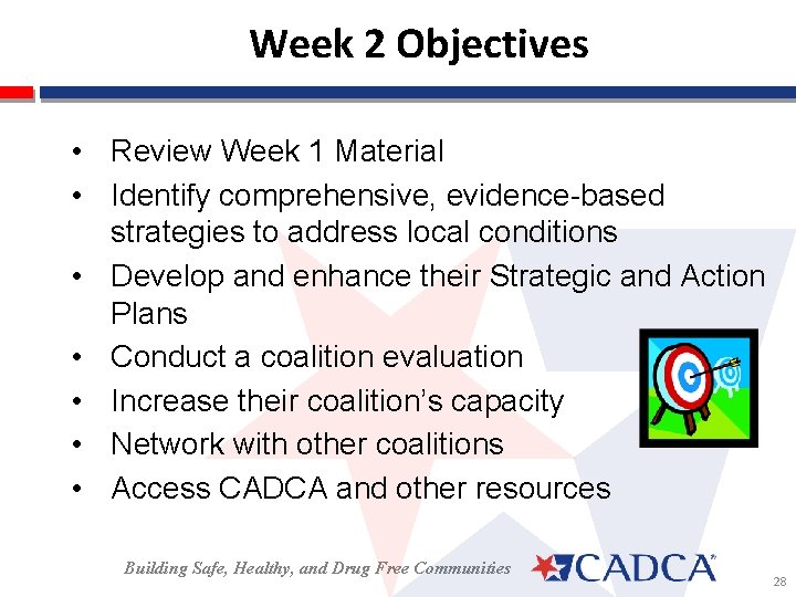 Week 2 Objectives • Review Week 1 Material • Identify comprehensive, evidence based strategies