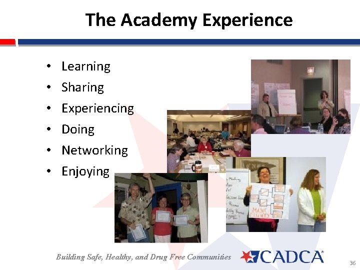 The Academy Experience • • • Learning Sharing Experiencing Doing Networking Enjoying Building Safe,