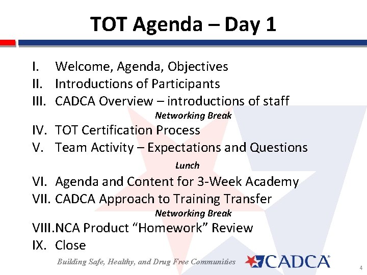 TOT Agenda – Day 1 I. Welcome, Agenda, Objectives II. Introductions of Participants III.