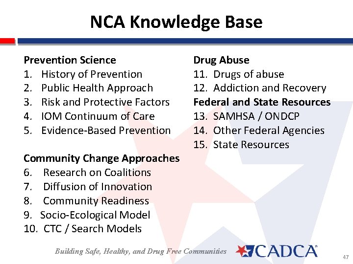 NCA Knowledge Base Prevention Science 1. History of Prevention 2. Public Health Approach 3.