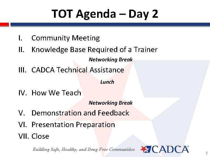 TOT Agenda – Day 2 I. Community Meeting II. Knowledge Base Required of a