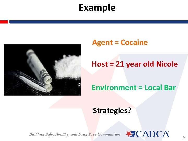 Example Agent = Cocaine Host = 21 year old Nicole Environment = Local Bar