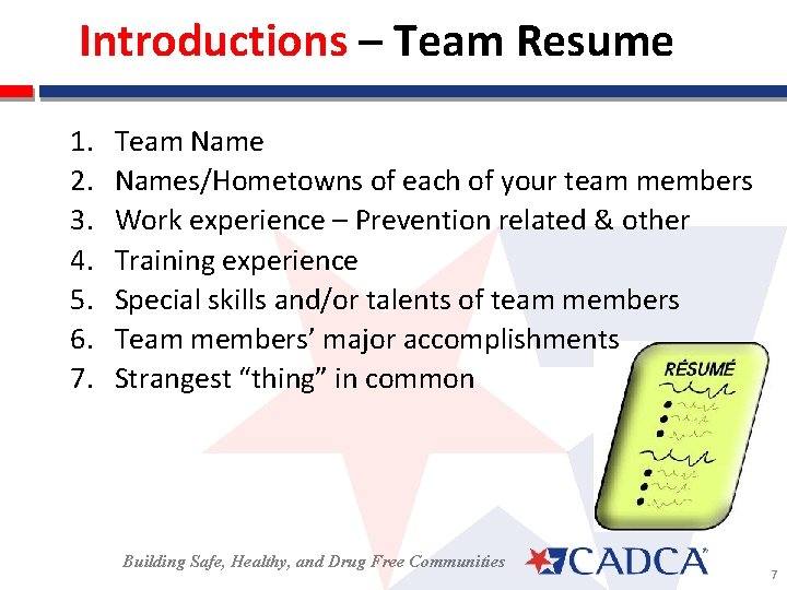 Introductions – Team Resume 1. 2. 3. 4. 5. 6. 7. Team Names/Hometowns of